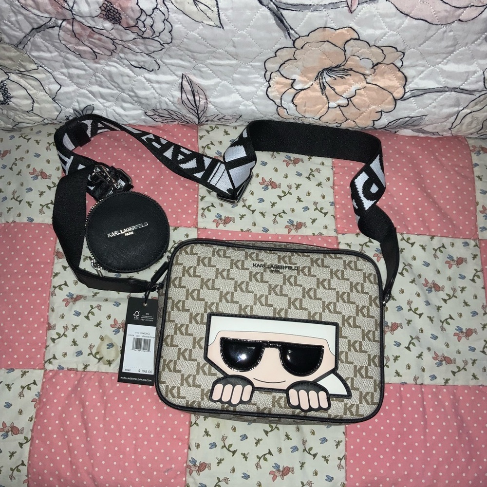 Karl Lagerfeld Monogram Crossbody Bag with Black Accents